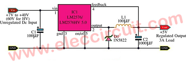 5V 3A Switching Regulator circuit by LM2576 - ElecCircuit
