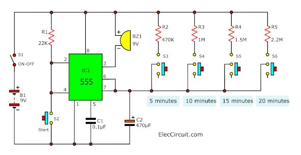 5-30 minuts timer circuit using IC 555