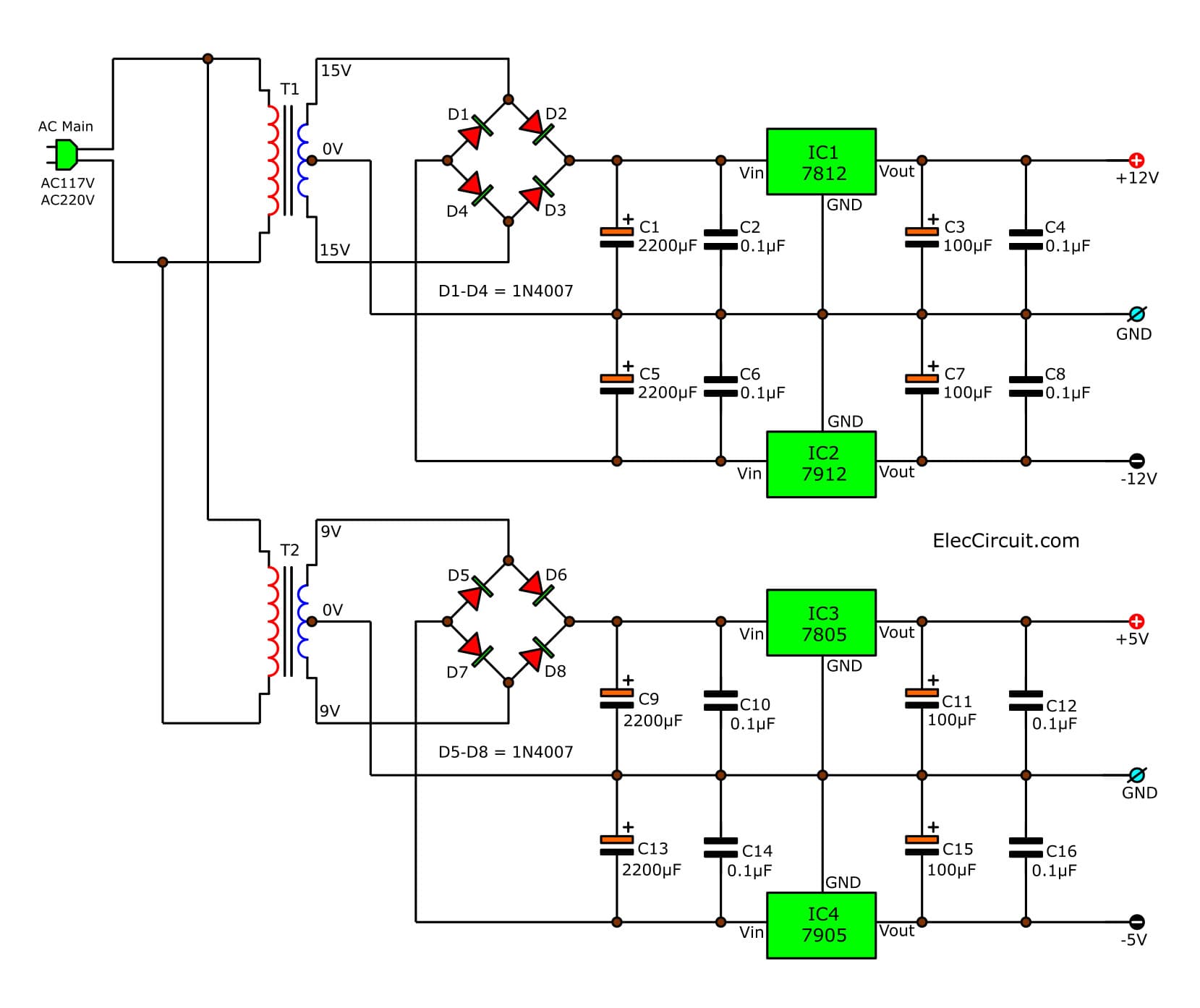 Multi voltage power supply circuit using IC-78xx series
