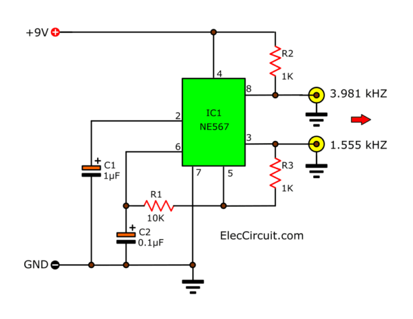 NE567 Oscillator generator twin frequencies circuit