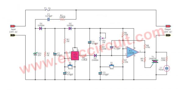 Timer control 1-15 minutes by Triac 2N6075 and LM555-LM358