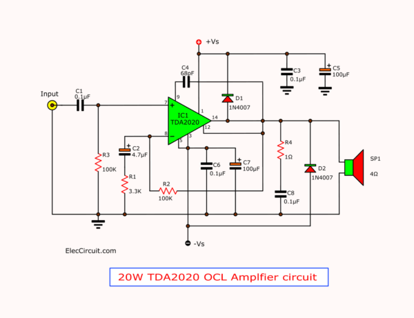 20W TDA2020 OCL Power Amplifier Circuit