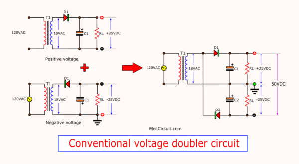 18V to 50V DC Conventional voltage doublers