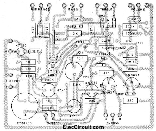 PCB layout of Integrated OTL amplifier 35W using 2N3055