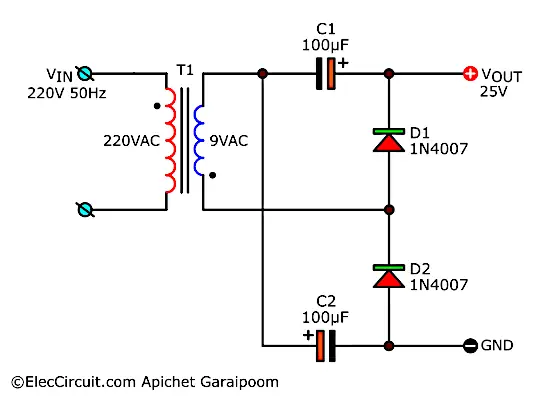 Stacked 9VAC to 25VDC Voltage Doubler Circuit