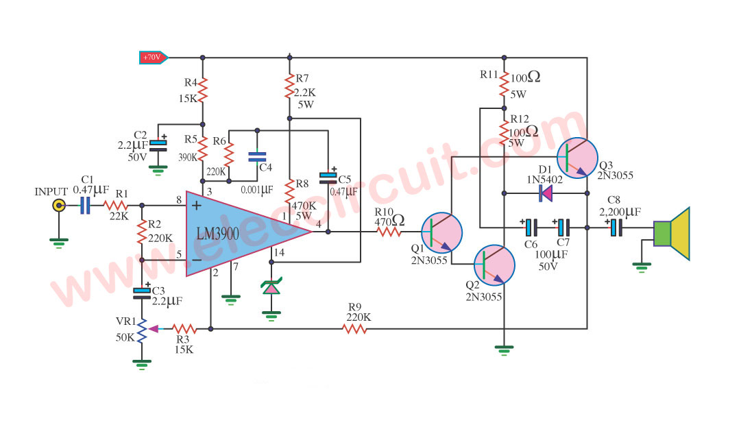 2N3055 Amplifier Circuit with PCB 60W ElecCircuit com 2N3055 Amplifier Circuit with PCB 60W ElecCircuit com
