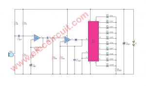 Led light movement the audio signal with LM358- IC 4017
