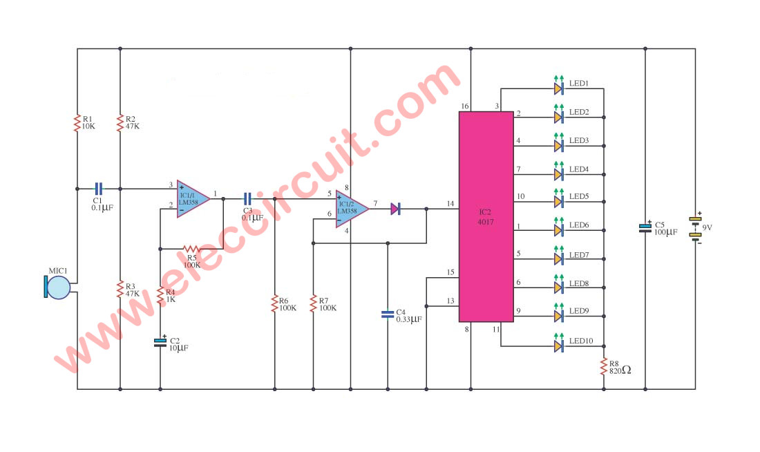 Led light movement the audio signal with LM358- IC 4017