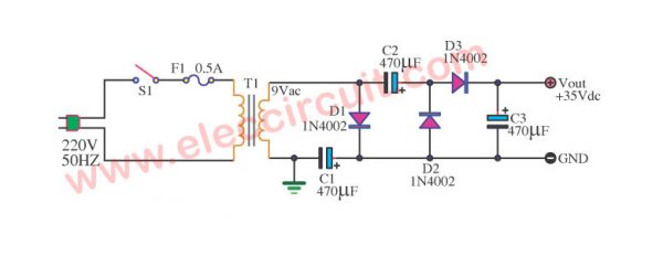 Simple AC to DC converter 9VAC to 35VDC