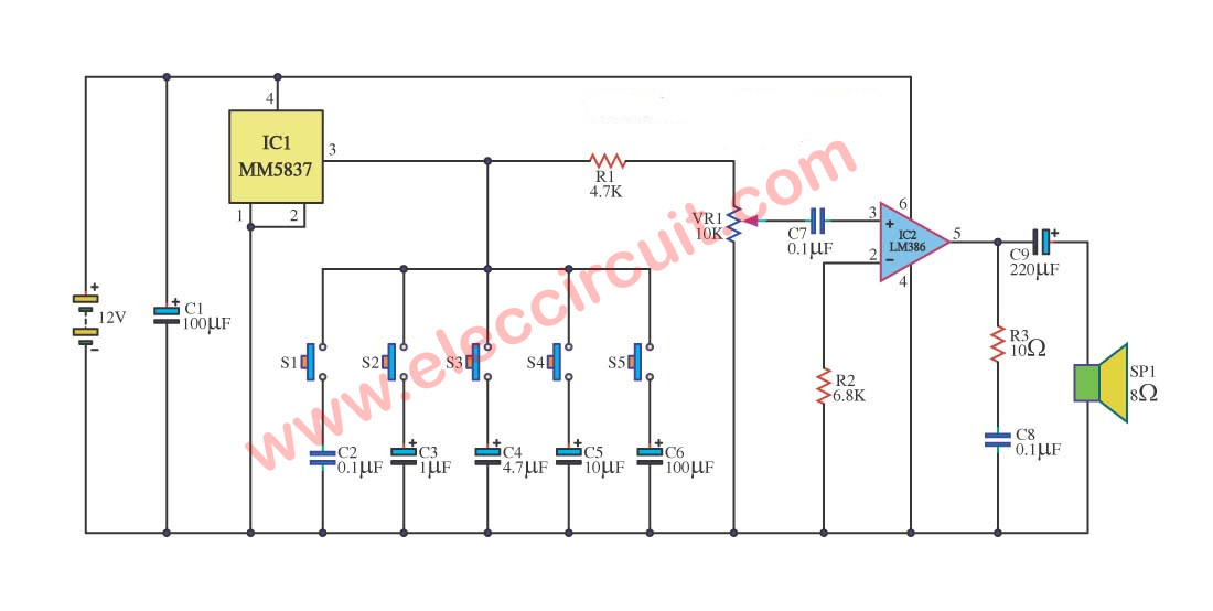 Six sound effect generator circuit using MM5837