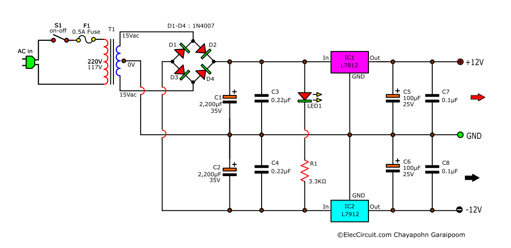 12V dual power supply 1A circuit using 7812 7912