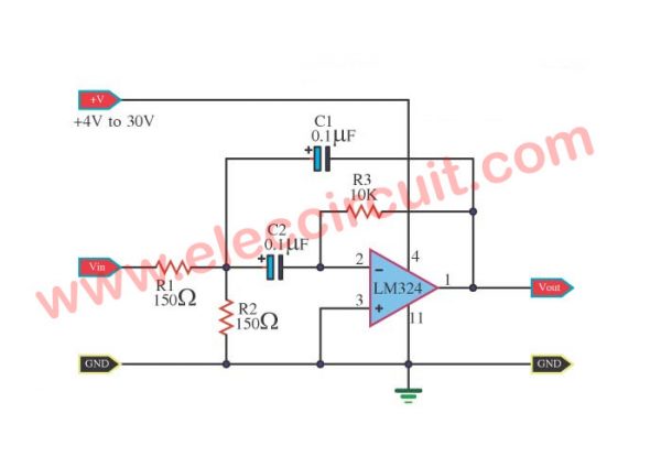 1kHz bandpass filter circuit using LM324