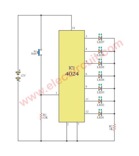7 Stage Binary Counter Display with LED using CD4024-IC