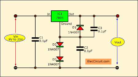 increase voltage 7805 regulator circuit using diodes