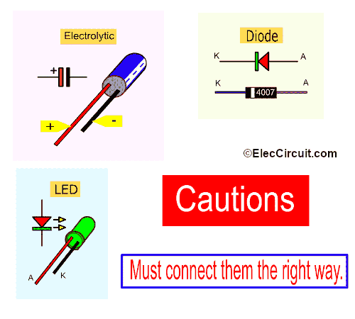Connecting the correct legs of the electrolytic capacitor, Diode, and LED.