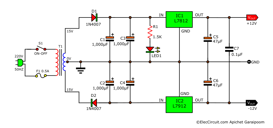 Low current dual +12V,-12V Regulator circuit using L7812,L7912