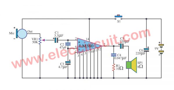 Simple megaphone circuit using LM380