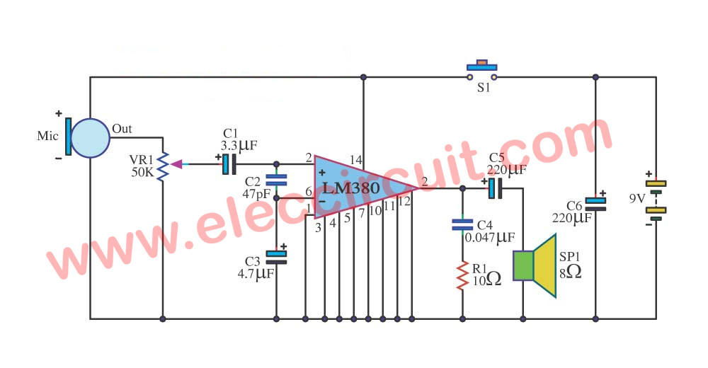 Simple megaphone circuit using LM380 | ElecCircuit.com wiring diagram for condenser microphone 