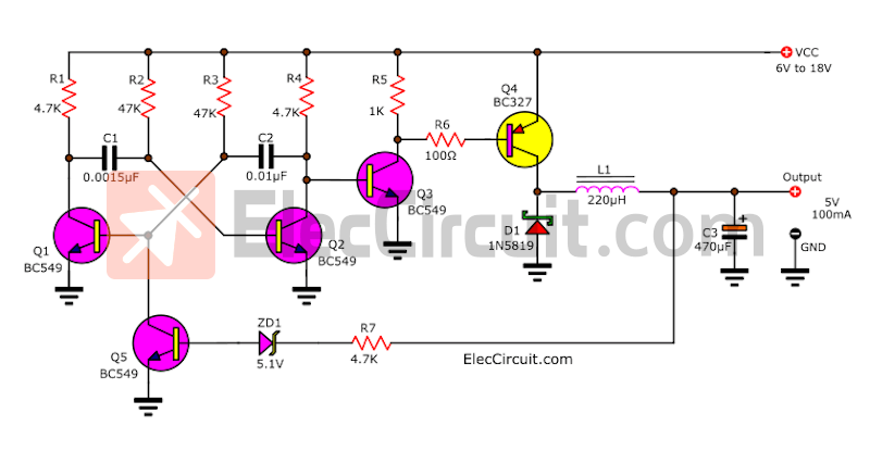 5V 100mA Step down Switching regulator using transistors