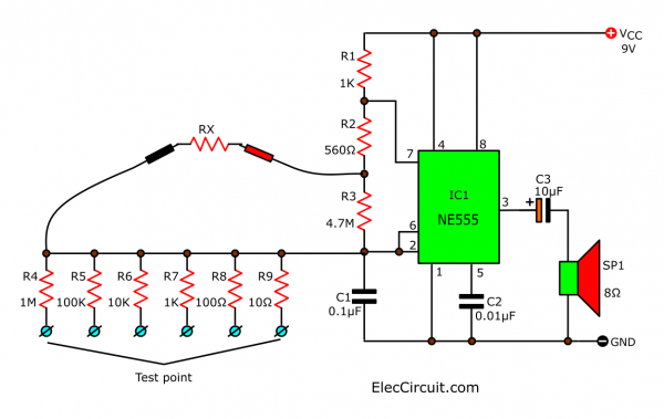 IC555 audio ohmmeter circuit