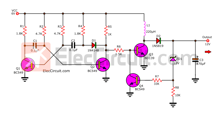 Simple 6V to 12V boost converter circuit using BD679 transistors