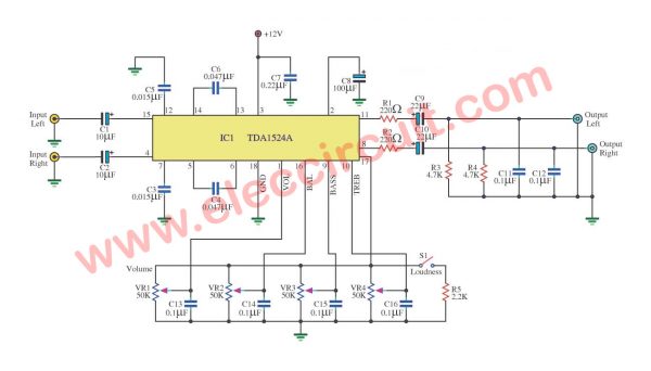 Stereo tone control circuit using IC TDA1524A