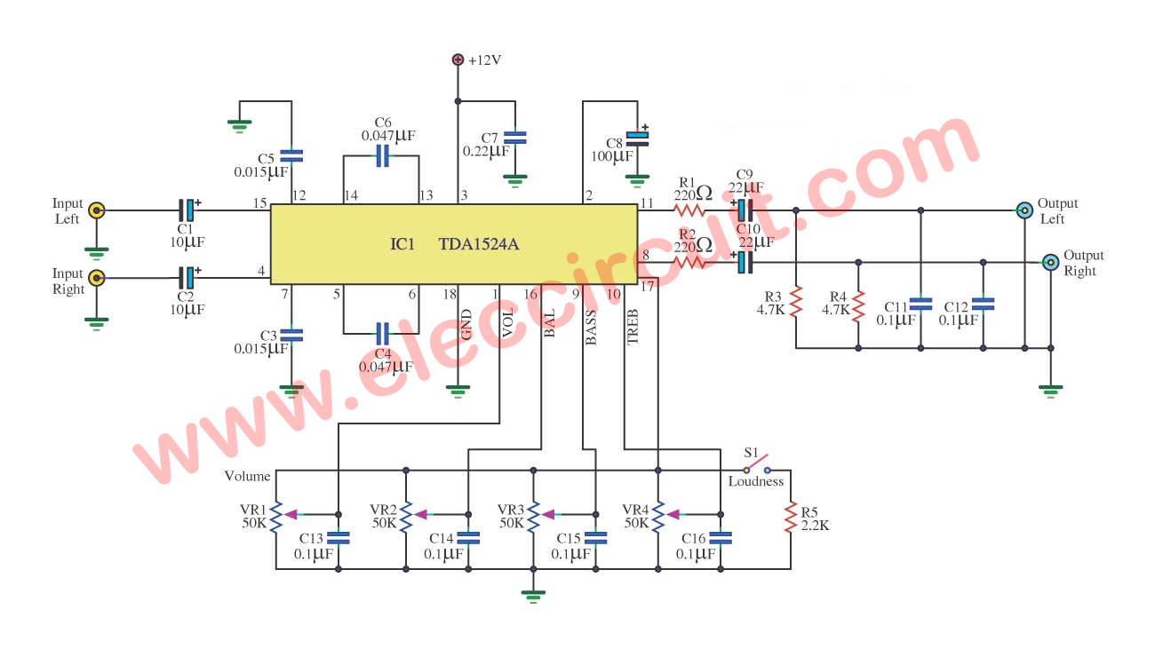 Stereo tone control circuit using IC TDA1524A