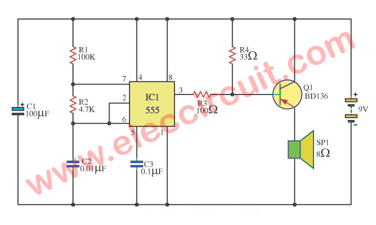 Simple 555 Alarm sound circuit diagram - ElecCircuit.com