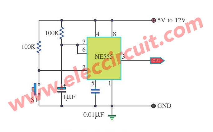 simple bounceless switch circuit using IC NE555