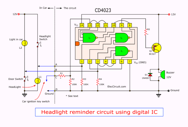 headlight reminder circuit using digital CD4023