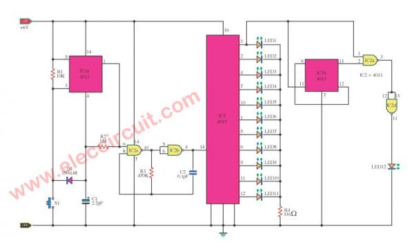 Mini LED roulette game circuit using Digital IC