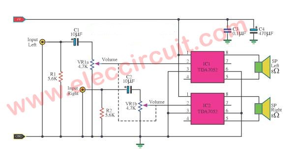 Small stereo amplifier circuit using TDA7052