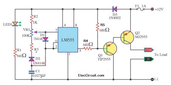 Spot Lamp DC dimmer circuit using LM555-TIP2955