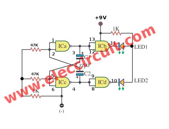 Two LED Flasher using Gate of IC 4011