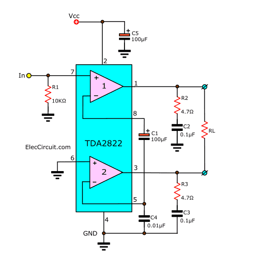 Bridge TDA2822 of typicla application circuit