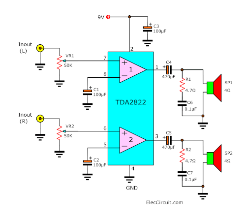 TDA2822 stereo amplifier circuit