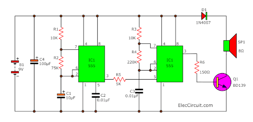 Police siren circuit using 555 IC timer