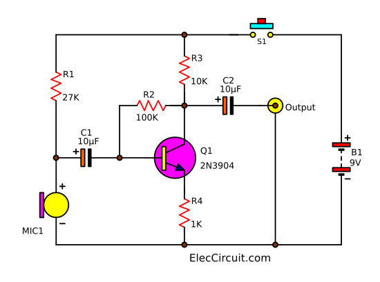 Simple dynamic and electret condenser microphone preamp circuit