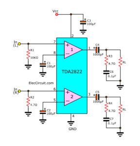 The stereo TDA2822 of typical application circuit