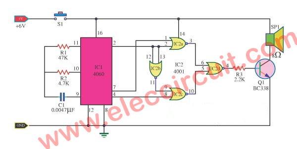 Door buzzer sound circuit using CD4001-CD4060