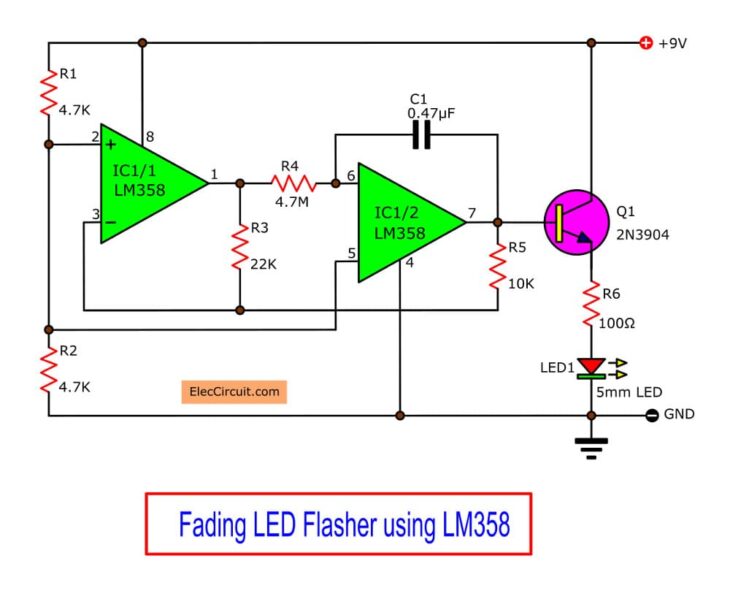 Fading LED Flasher using LM358