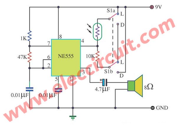 Light Dark Detector Alarm by IC 555