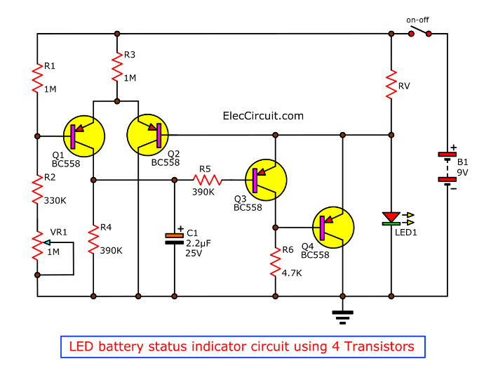 LED battery status indicator circuit using 4 Transistors