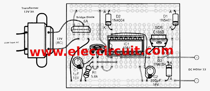 Component layout of CMOS & SCR DC motor controller circuit