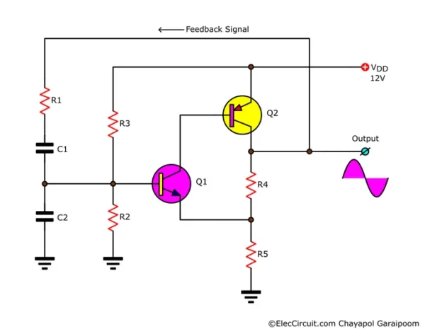 simplified complementary transistor rc oscillator circuit schematic 