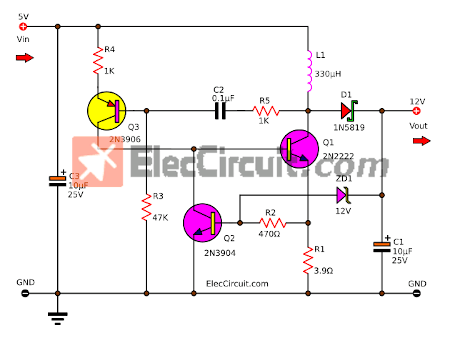 5V to 12V DC-DC Step-Up Converter circuit using transistors