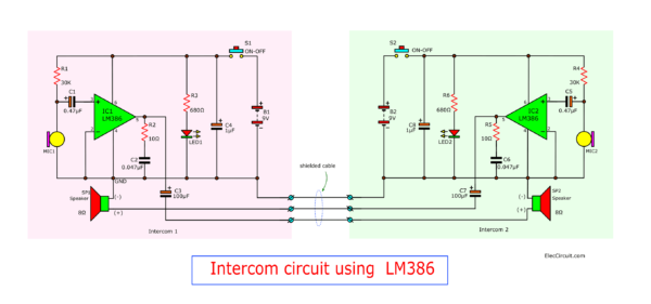 Intercom circuit using LM386