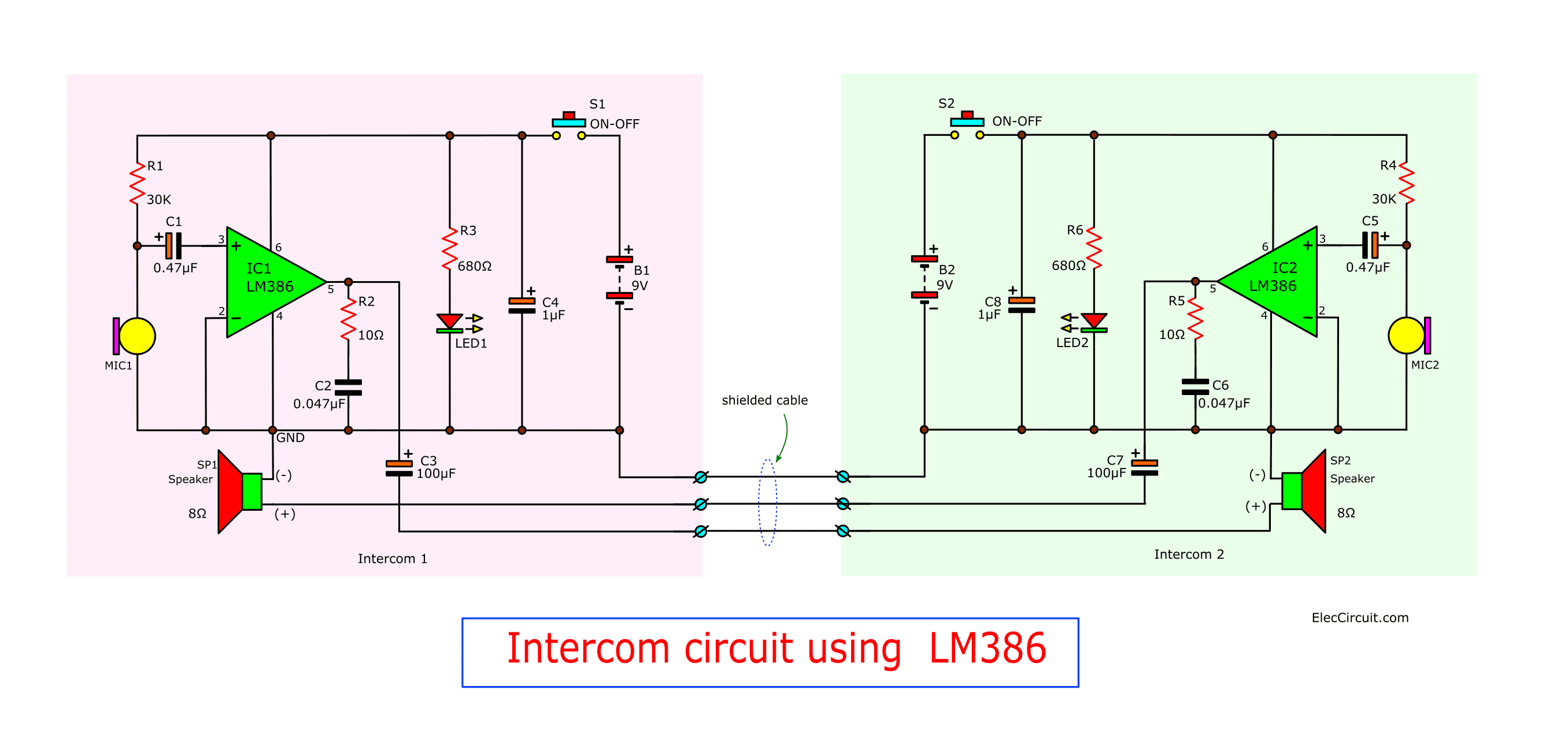 Intercom circuit using LM386