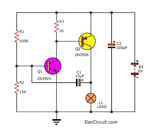 Lamp 6 volt flashing circuit using two transistor