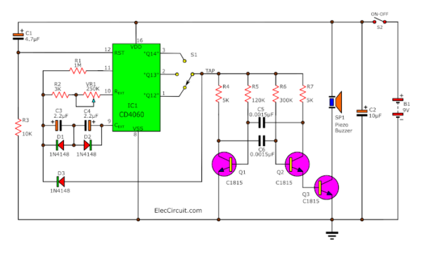 CD4060 alarm clock timer circuit